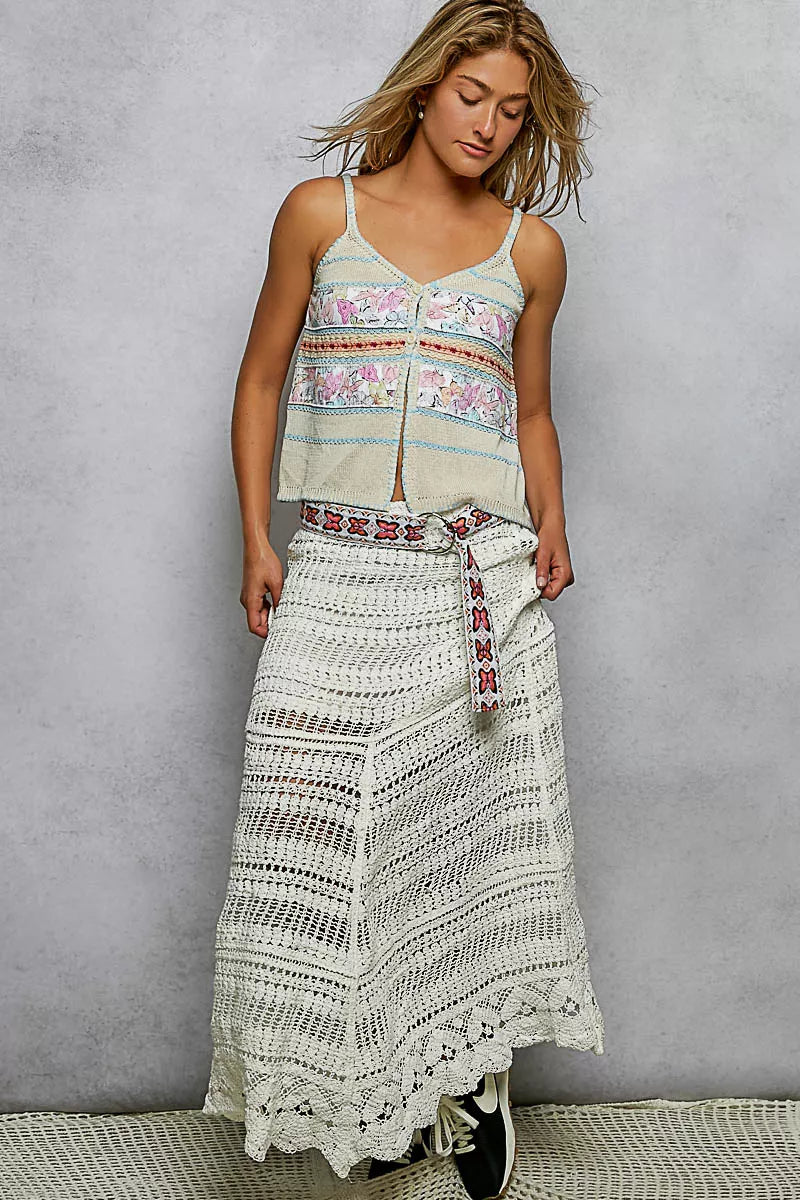 POL Printed Contrast Button Down Cami with Trim Detail and Blanket Stitch