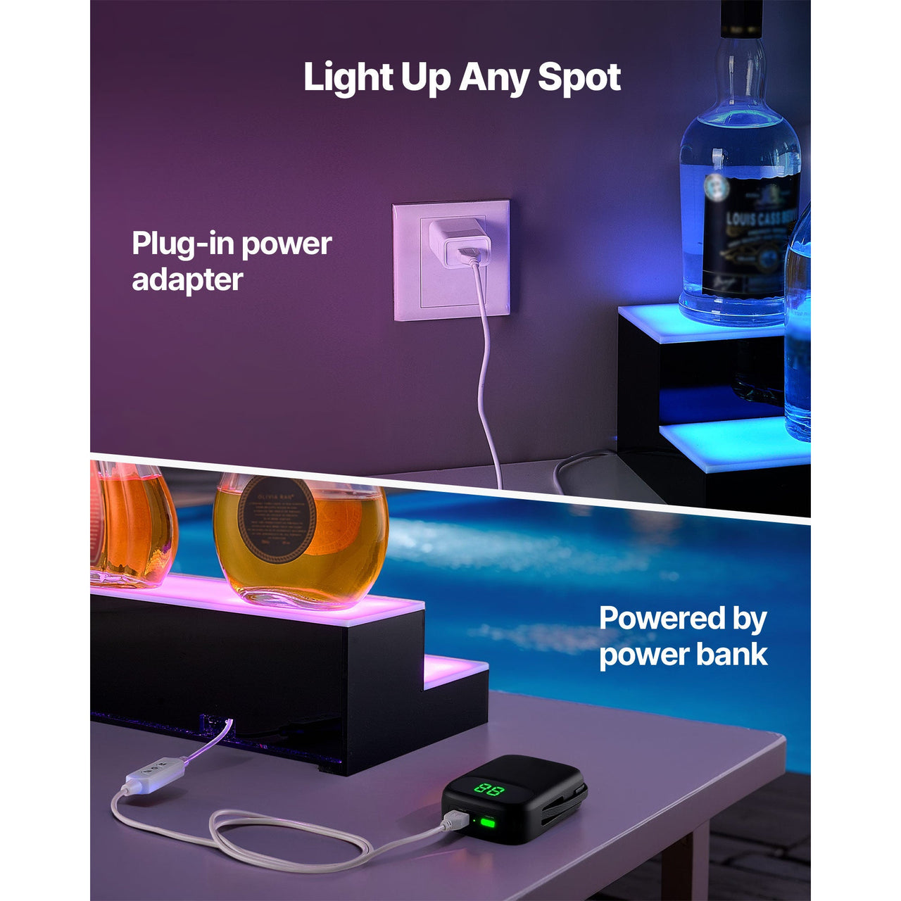 LED Lighted Liquor Bottle Display, 2 Tiers 20 Inches Whiskey Rack, Supports USB, Illuminated Home Bar Shelf with RF Remote & App Control, 9 Static Colors, Acrylic Lighted Shelf for 10 Bottles