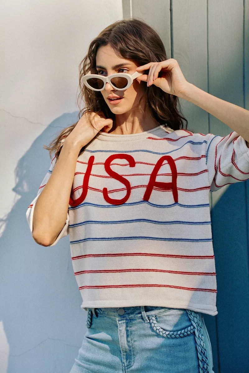 SO ME Usa Stripe Knit Short Sleeves Sweater Top