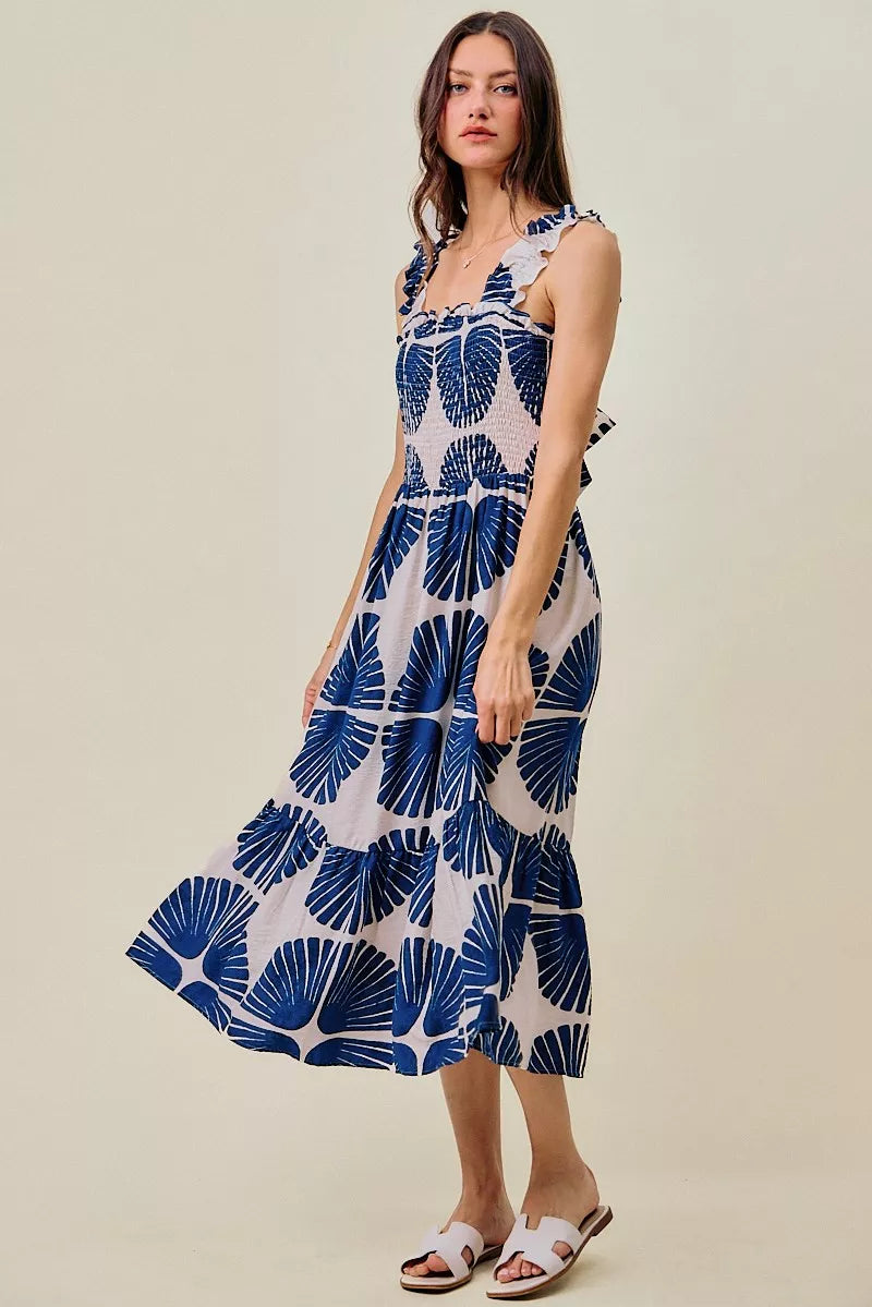 SO ME Abstract Print Smocked Bodice Tiered Lined Midi Dress