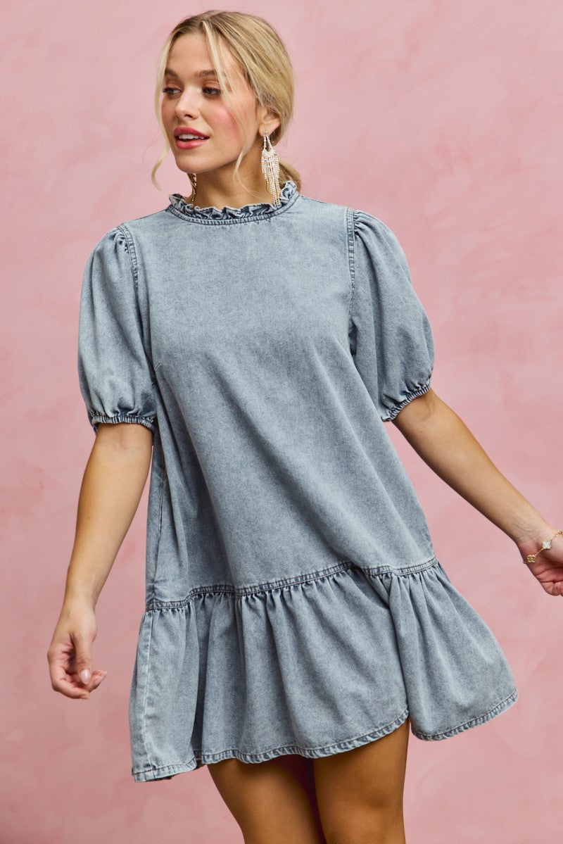 SO ME Denim Short Sleeves Mini Tiered Dress
