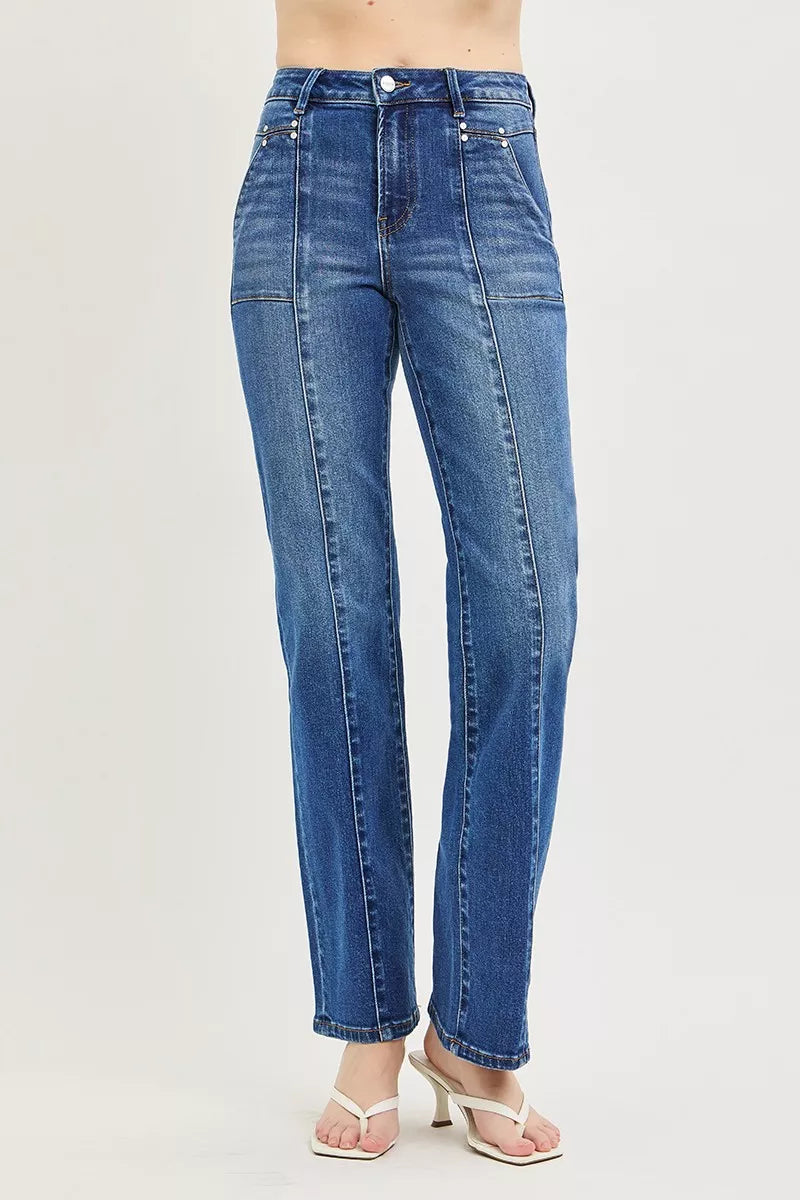 RISEN High Rise Straight Patch Pocket Seamed Jeans
