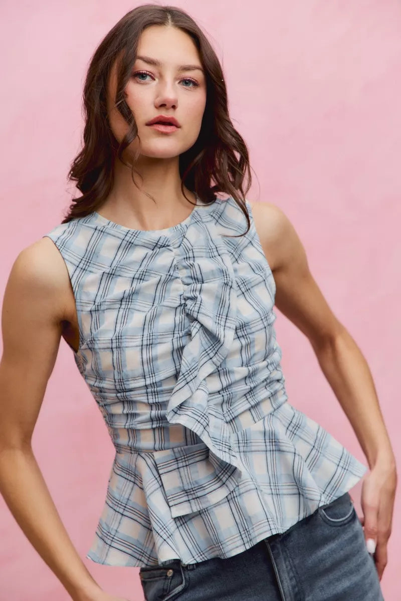 SO ME Plaid Sleeveless Ruffle Peplum Top