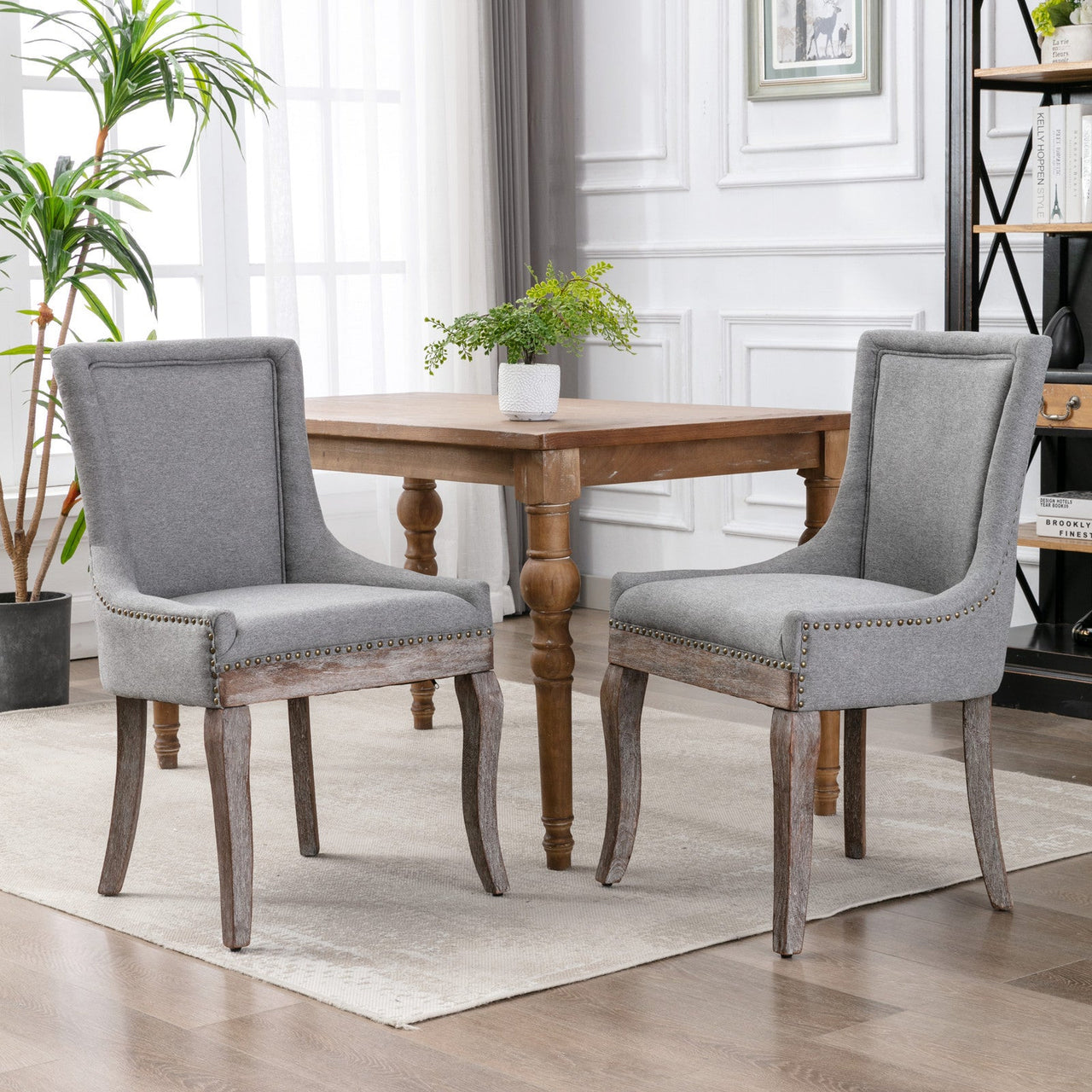 A&A Furniture Ultra Side Dining Chair with Thickened Fabric and Solid Wood Legs, Bronze Nail Head, Set of 2, Gray