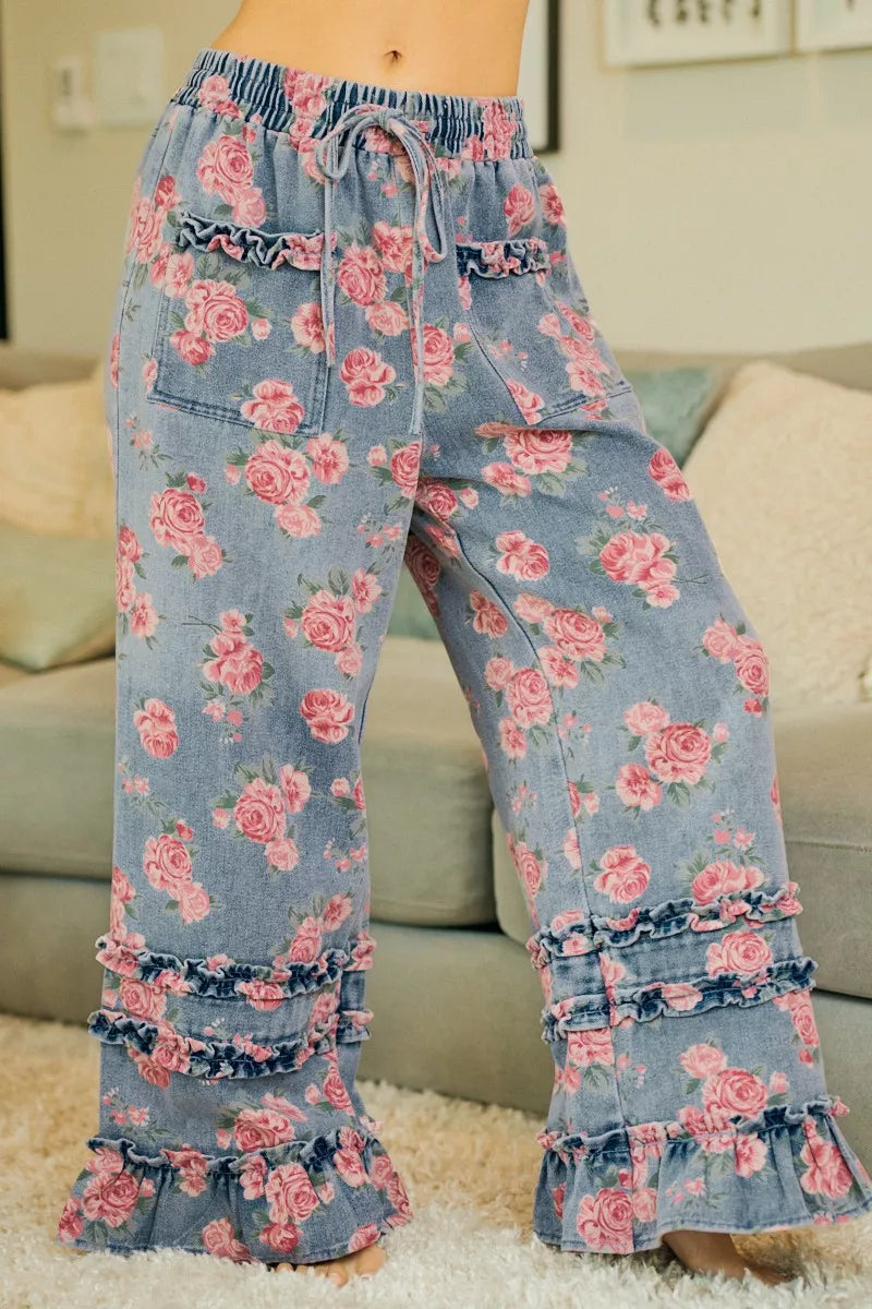 BiBi Washed Floral Denim With Ruffle Elastic Wide Pants