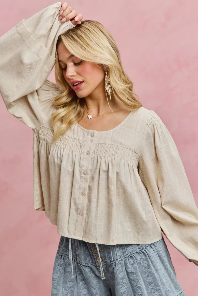 SO ME Linen Blend Woven Long Sleeve With Smocking Top