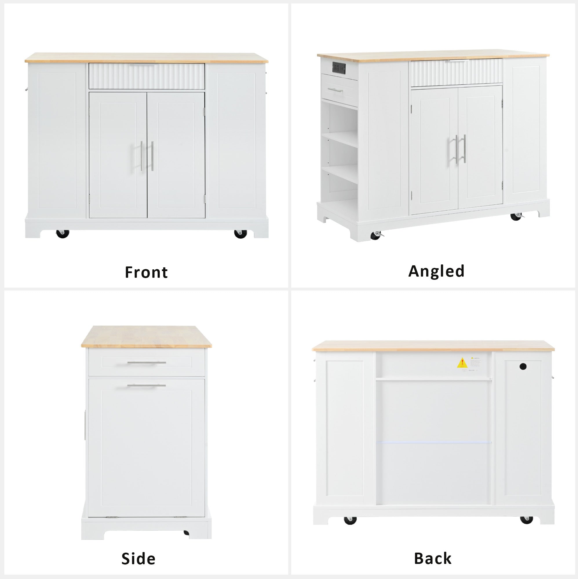 K&K Fluted Kitchen Island with Trash Can Storage Cabinet, Power Outlet, Internal Storage Rack, Rolling Kitchen Islands on 5 Wheels with 3 Drawer, 3 Open Side Racks for 10 Gallon Garbage Bin, White