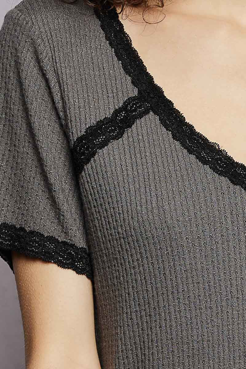 POL Lace Detail V-Neck Short Sleeve Textured T-Shirt