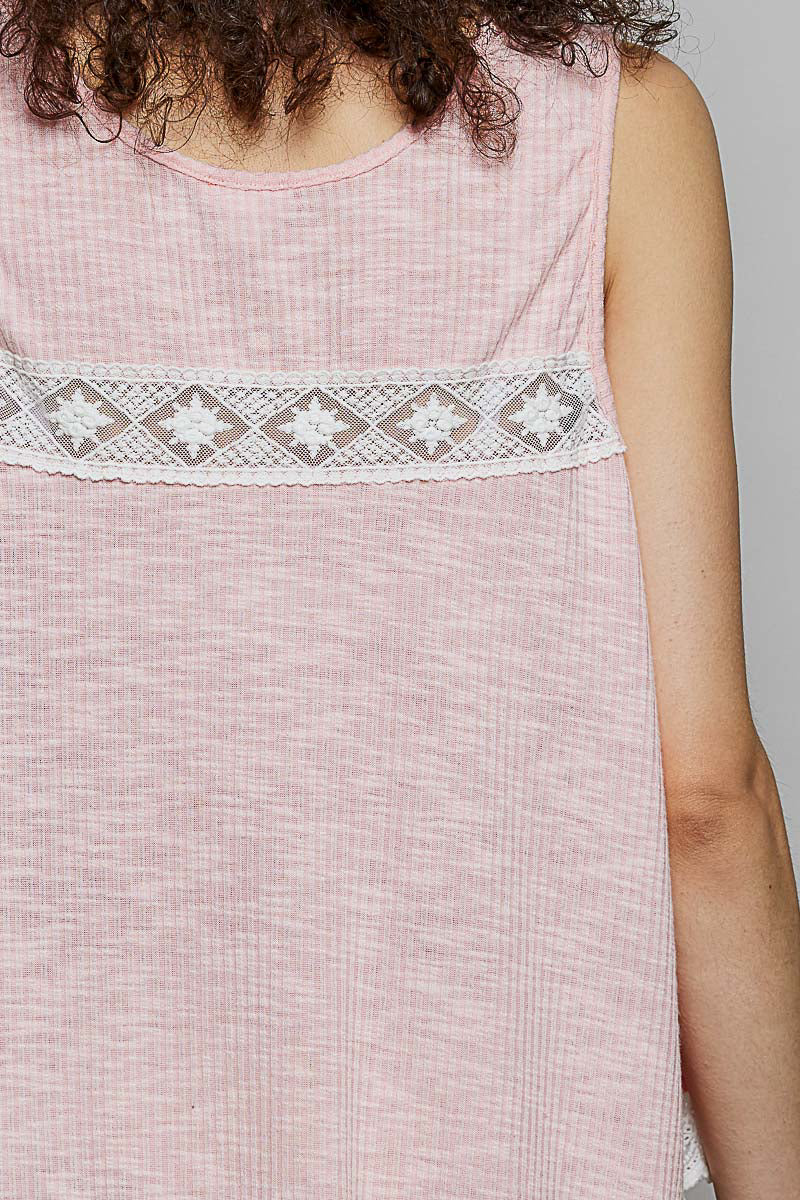 POL Lace Trim Ruffle Hem Button Detail Round Neck Sleeveless Top