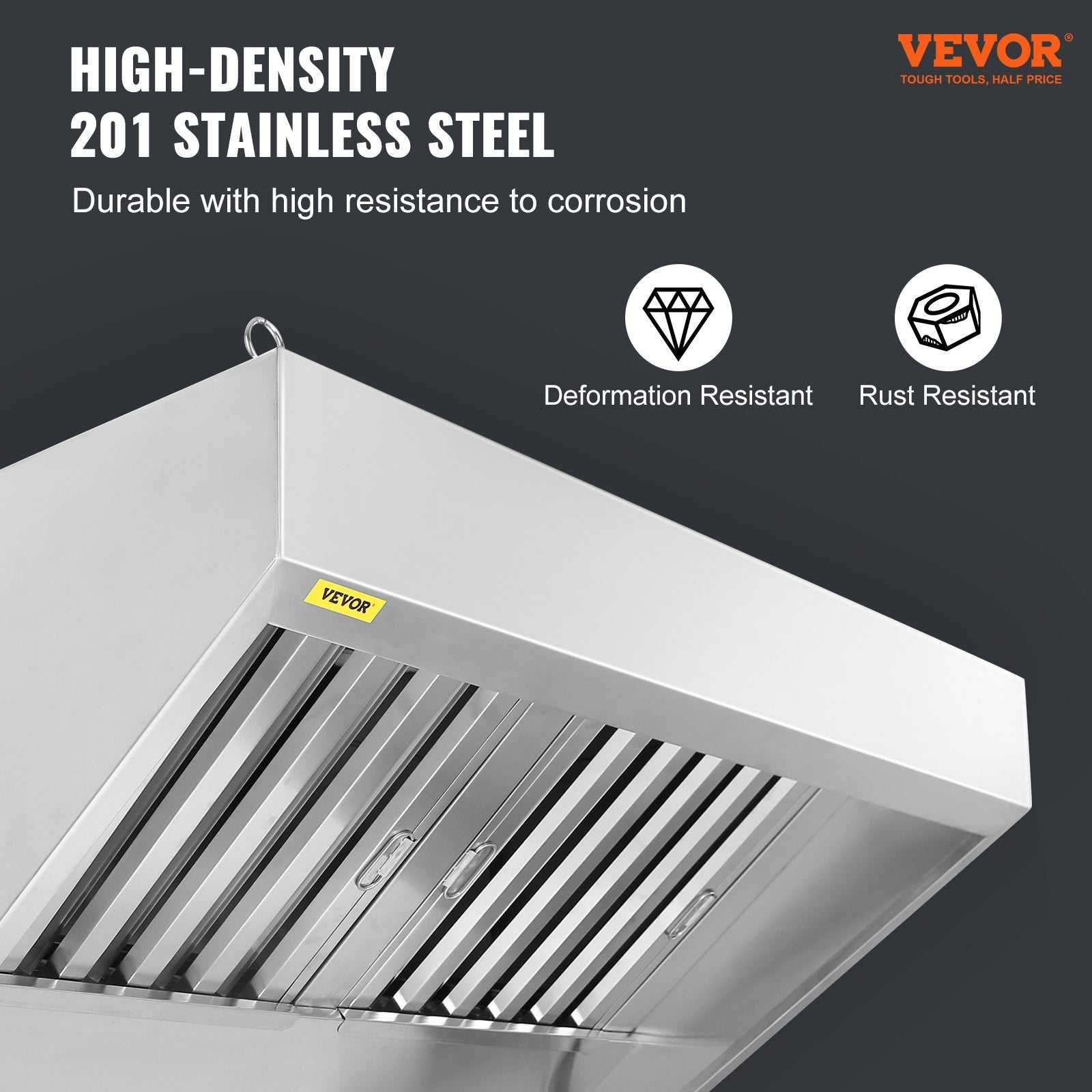 Commercial Exhaust Hood, 5FT Food Truck Hood Exhaust, 201 Stainless Steel Concession Trailer Hood with 2 Detachable U-shaped Grid Oil Filter Mesh, Rust Resistant Vent Hood for Kitchen Restaurant