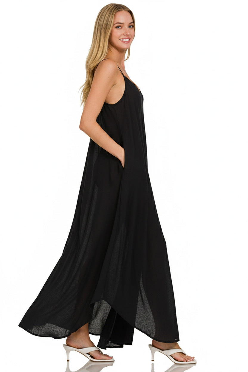 Zenana Woven Crinkle Cami Maxi Dress with Side Pockets