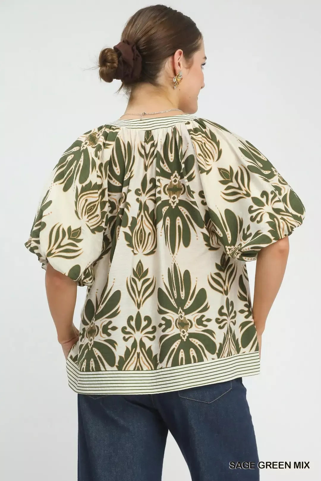 Umgee Mix Printed Puff Sleeve Top with Contrast Trim