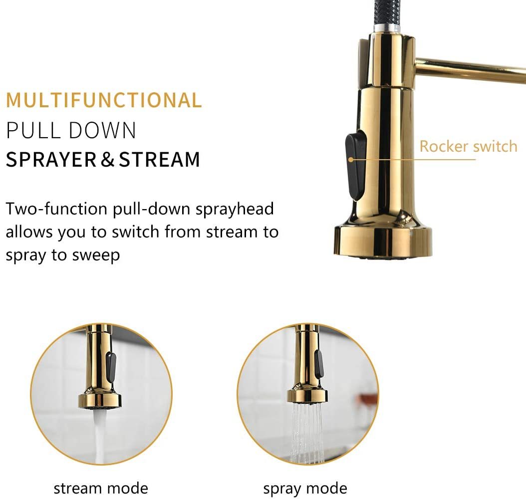 Commercial Black and Gold Kitchen Faucet with Pull Down Sprayer, Single Handle Single Lever Kitchen Sink Faucet