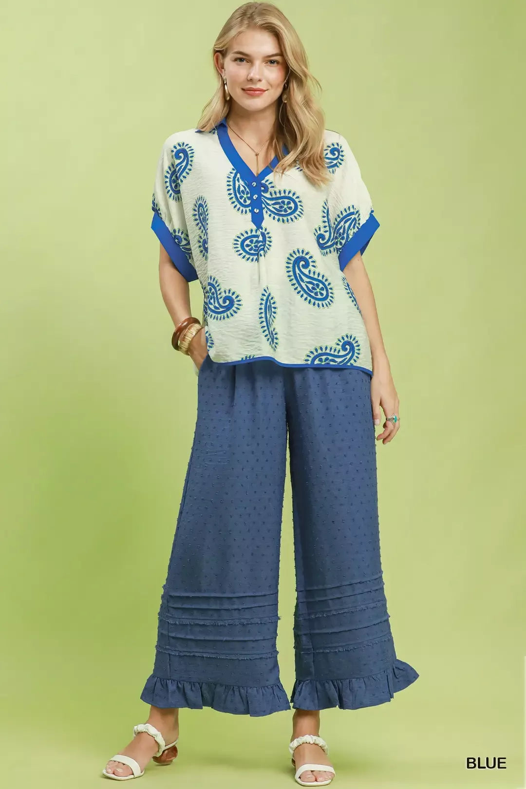 Umgee Paisley Print Contrast Trim Top