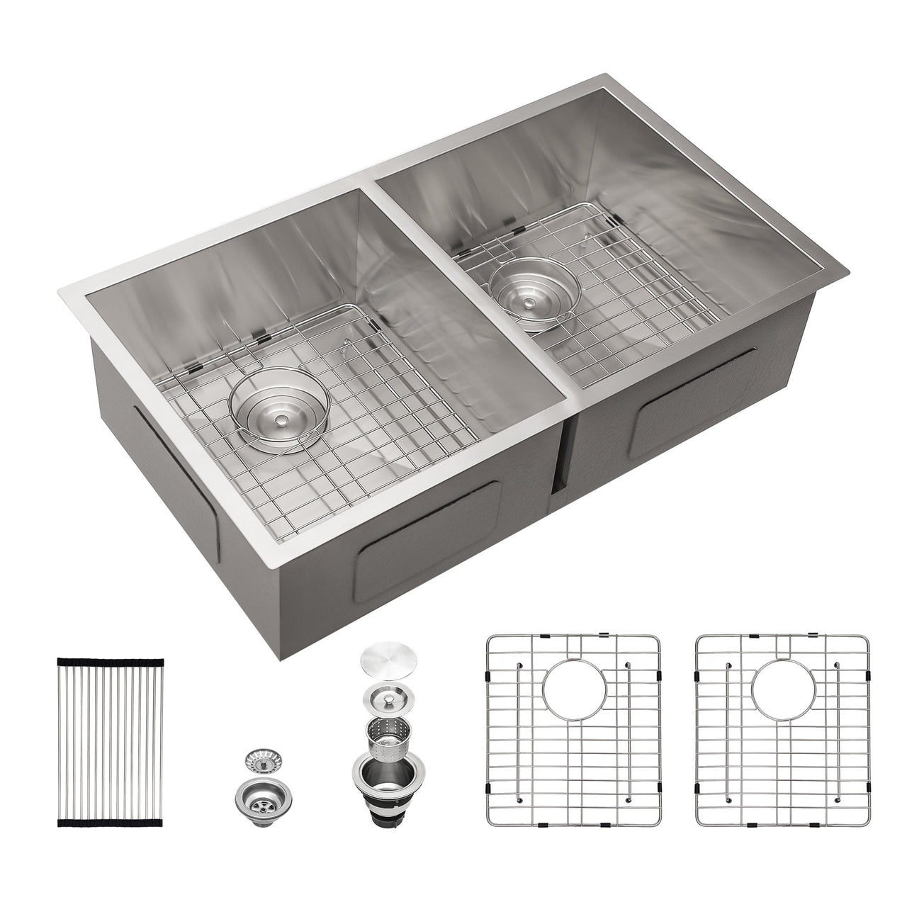 Brushed Nickel Undermount Double Bowl Kitchen Sink 33 x 19 in 16 Gauge Stainless Steel with 9 Inch Deep Basin