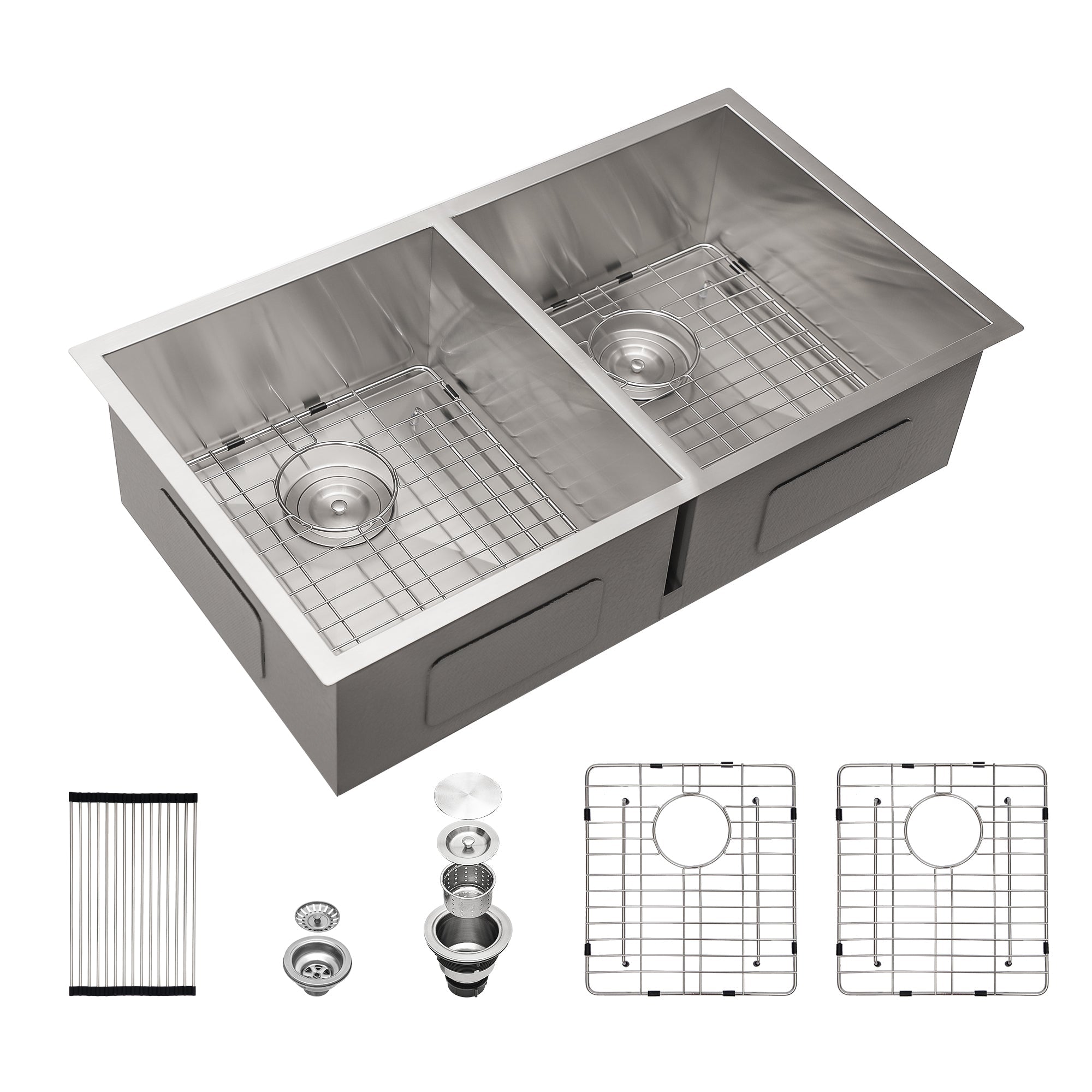 Brushed Nickel Undermount Double Bowl Kitchen Sink 33 x 19 in 16 Gauge Stainless Steel with 9 Inch Deep Basin