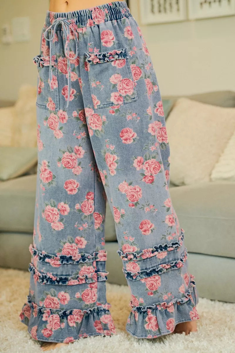 BiBi Washed Floral Denim With Ruffle Elastic Wide Pants