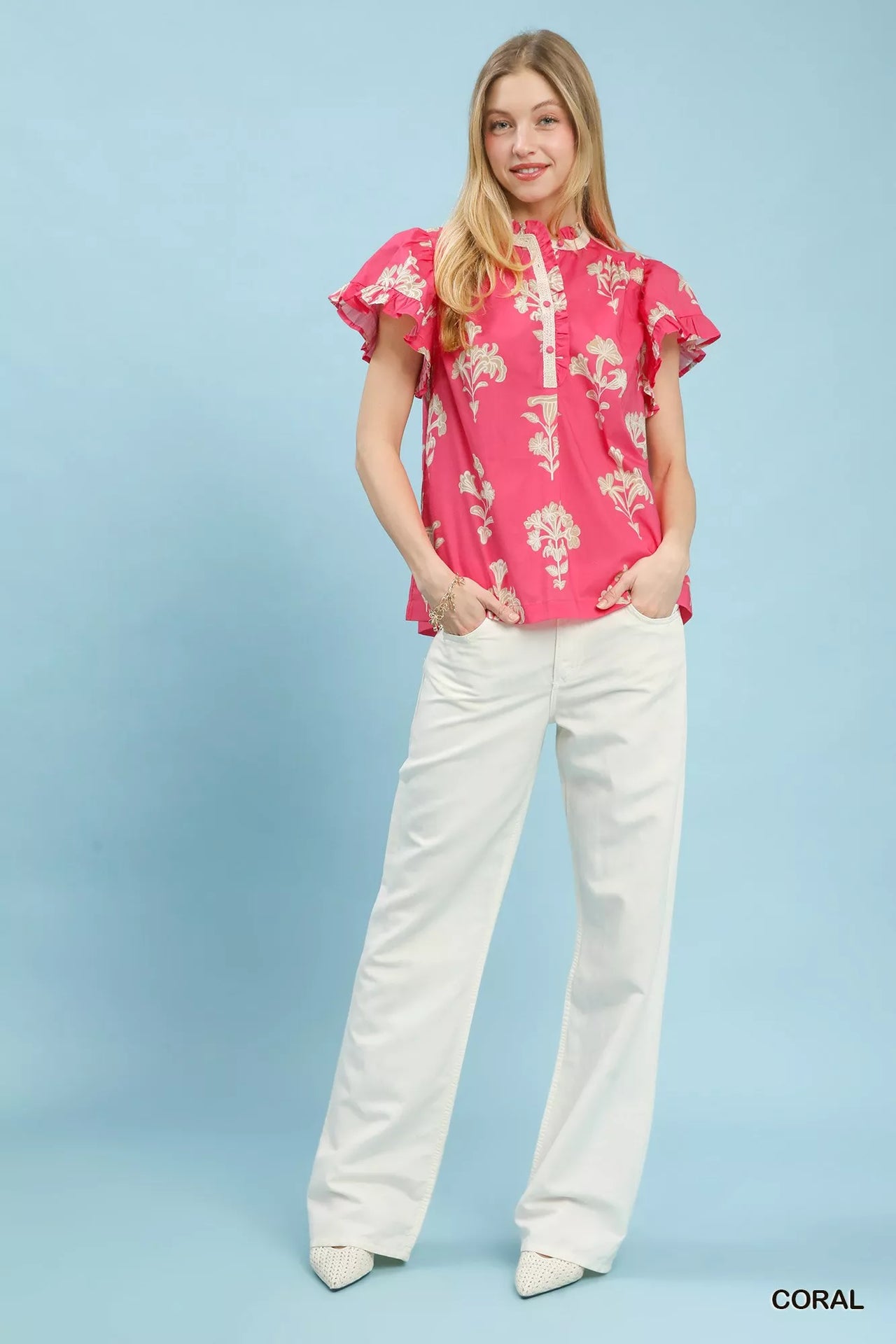 Umgee Floral Ruffle Sleeve Split-Neck Top