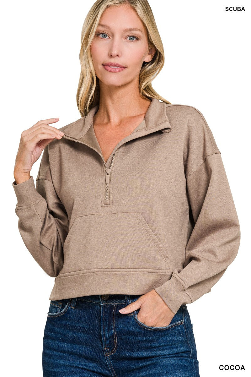 Zenana Scuba Half Zip Pullover With Kangaroo Pockets