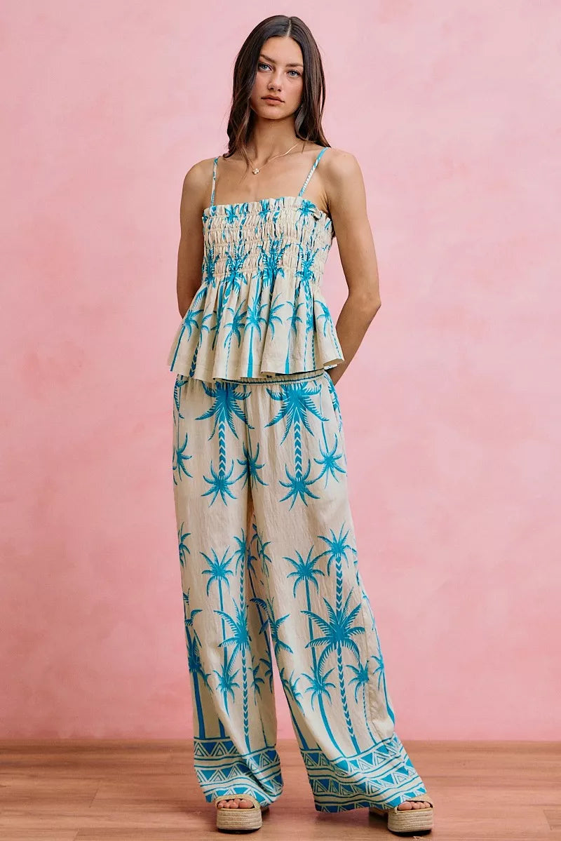 SO ME Palm Tree Smocked Bodice Adjustable Cami Top