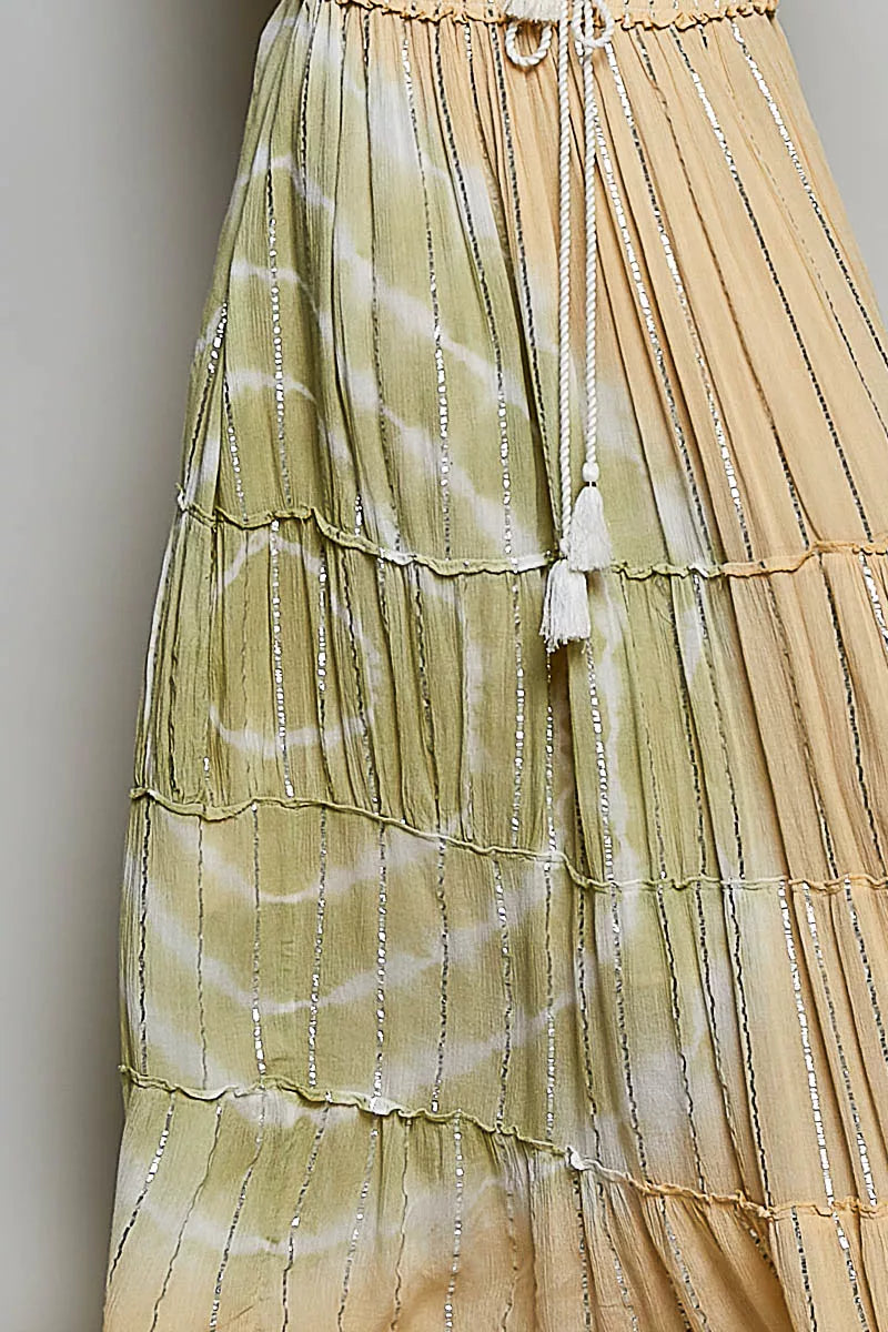POL Shimmer Tiered Reverse Ruffle Smocked Waist Maxi Skirt