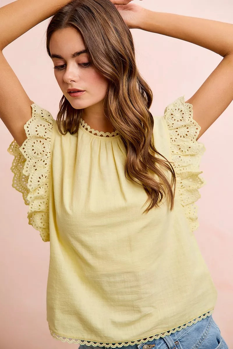 BiBi Cotton Solid Ruffle Sleeve Lace Detail Blouse Top
