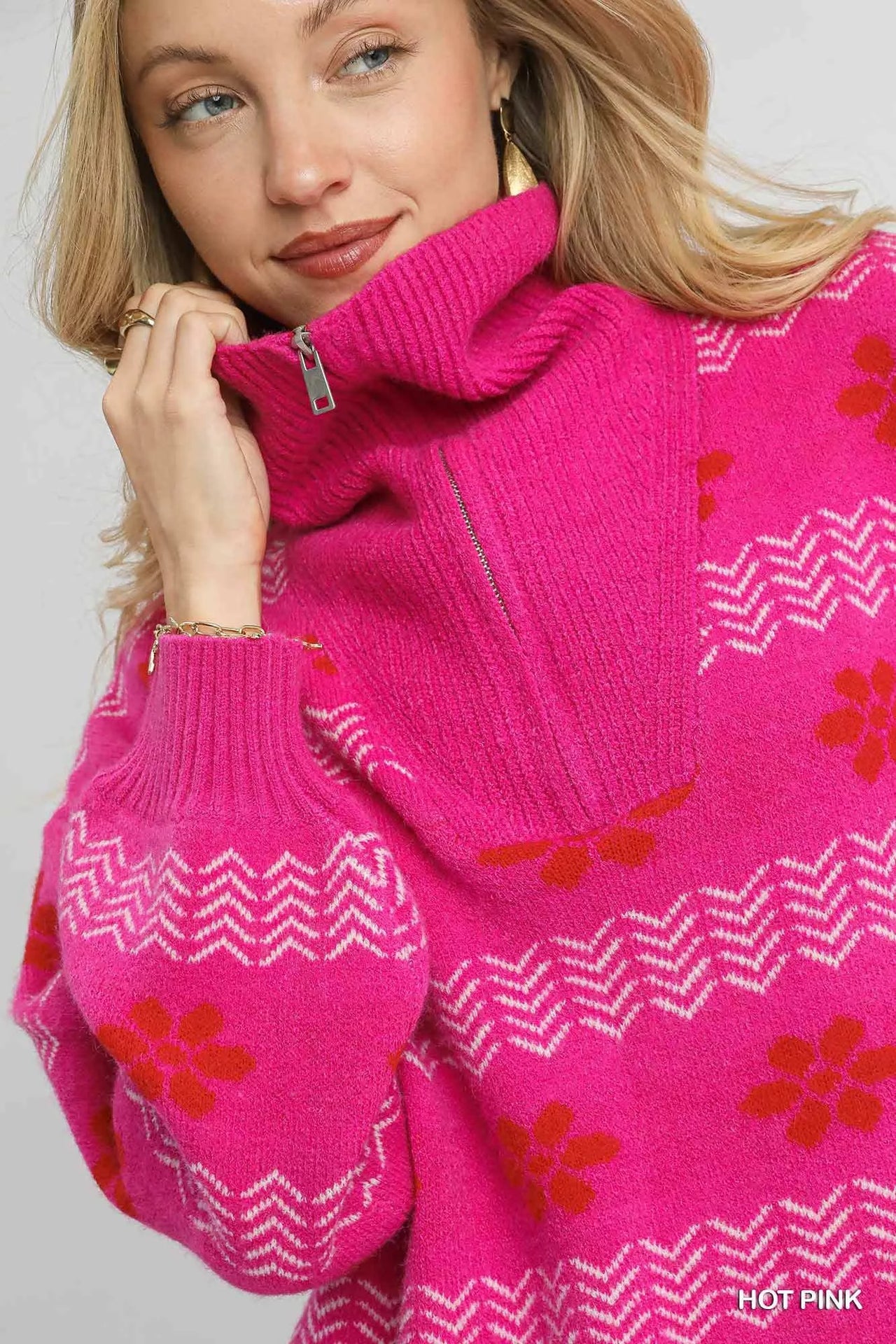 Umgee Floral Patterned Jacquard Quarter-Zip Pullover Sweater