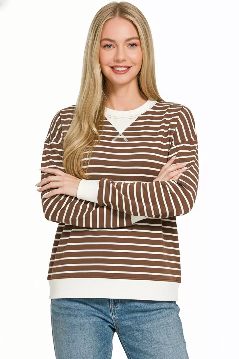 Zenana Contrast Striped Round Neck Sweatshirt