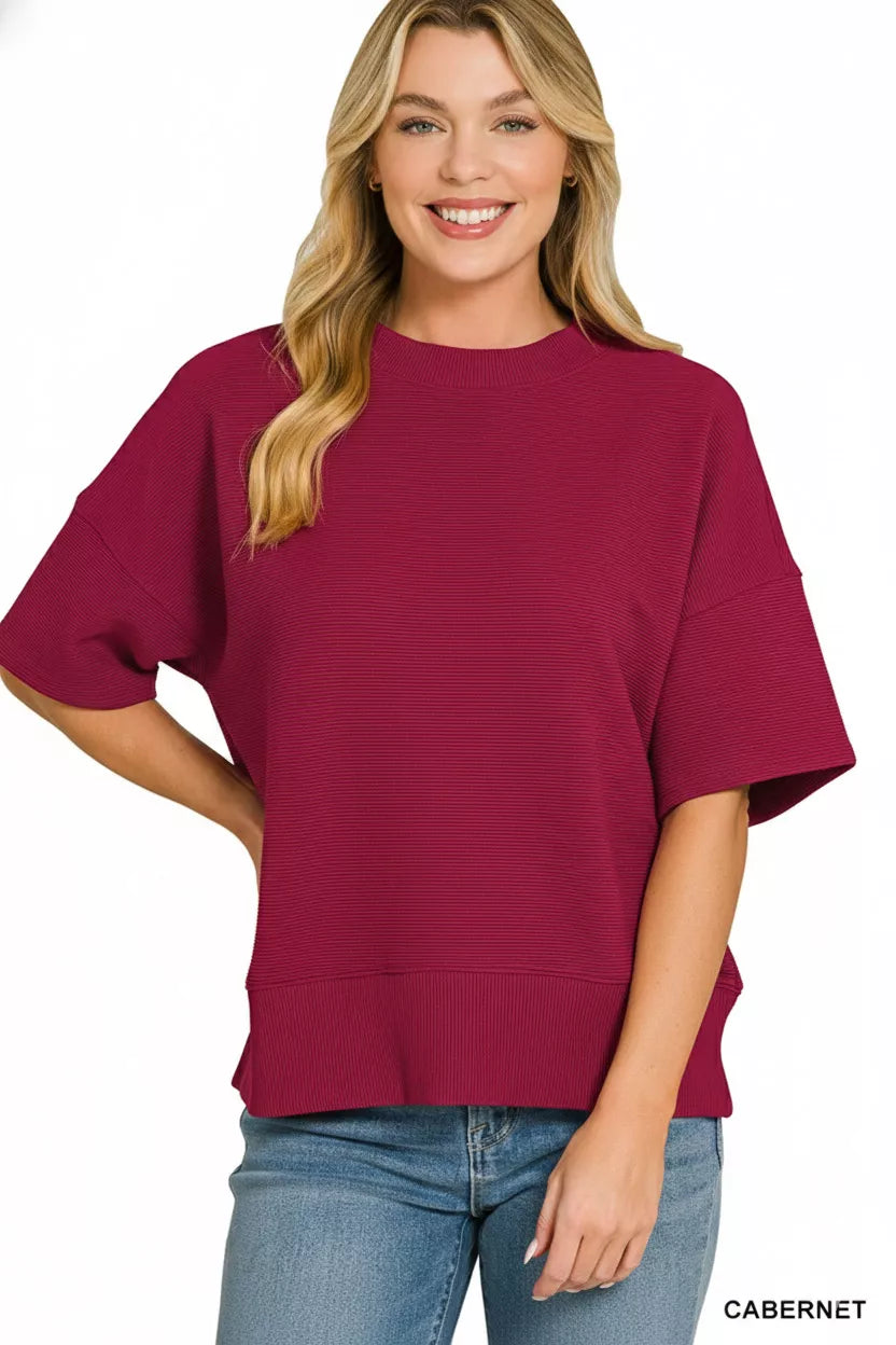 Zenana Ribbed Round Neck Waist Banded T-Shirt