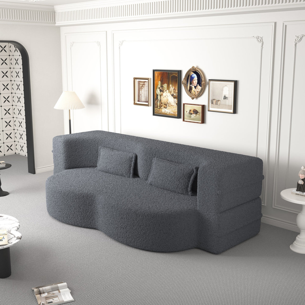 Modern Floor Sofa, with 2 Pillows, Convertible Teddy Fabric Foam Filled Bed, 15 inch Full Size Folding Mattress, Suitable for Living Room, Guest room, Game Room, Grey