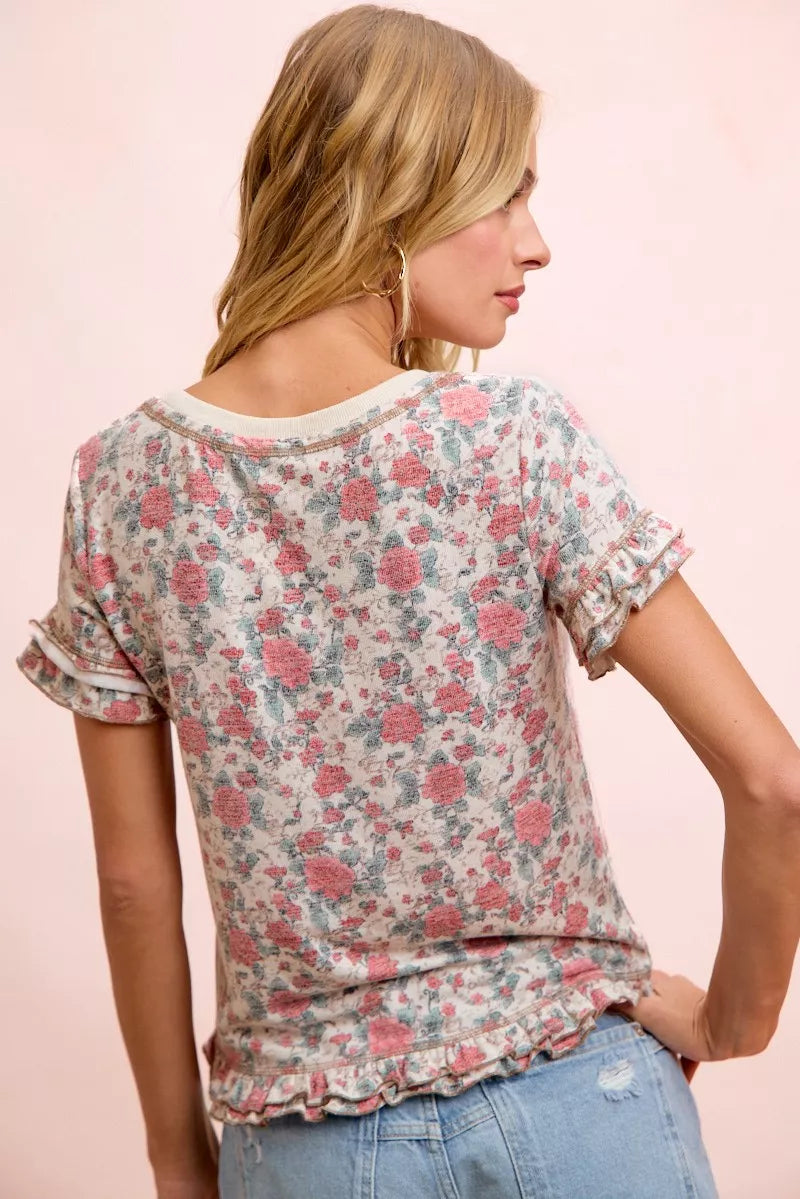 BiBi Rose Printed Slub Knit Ruffled Sleeves Top