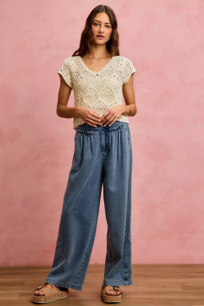 SO ME Mid Rise Ruffled Front Elastic Wide Leg Jeans