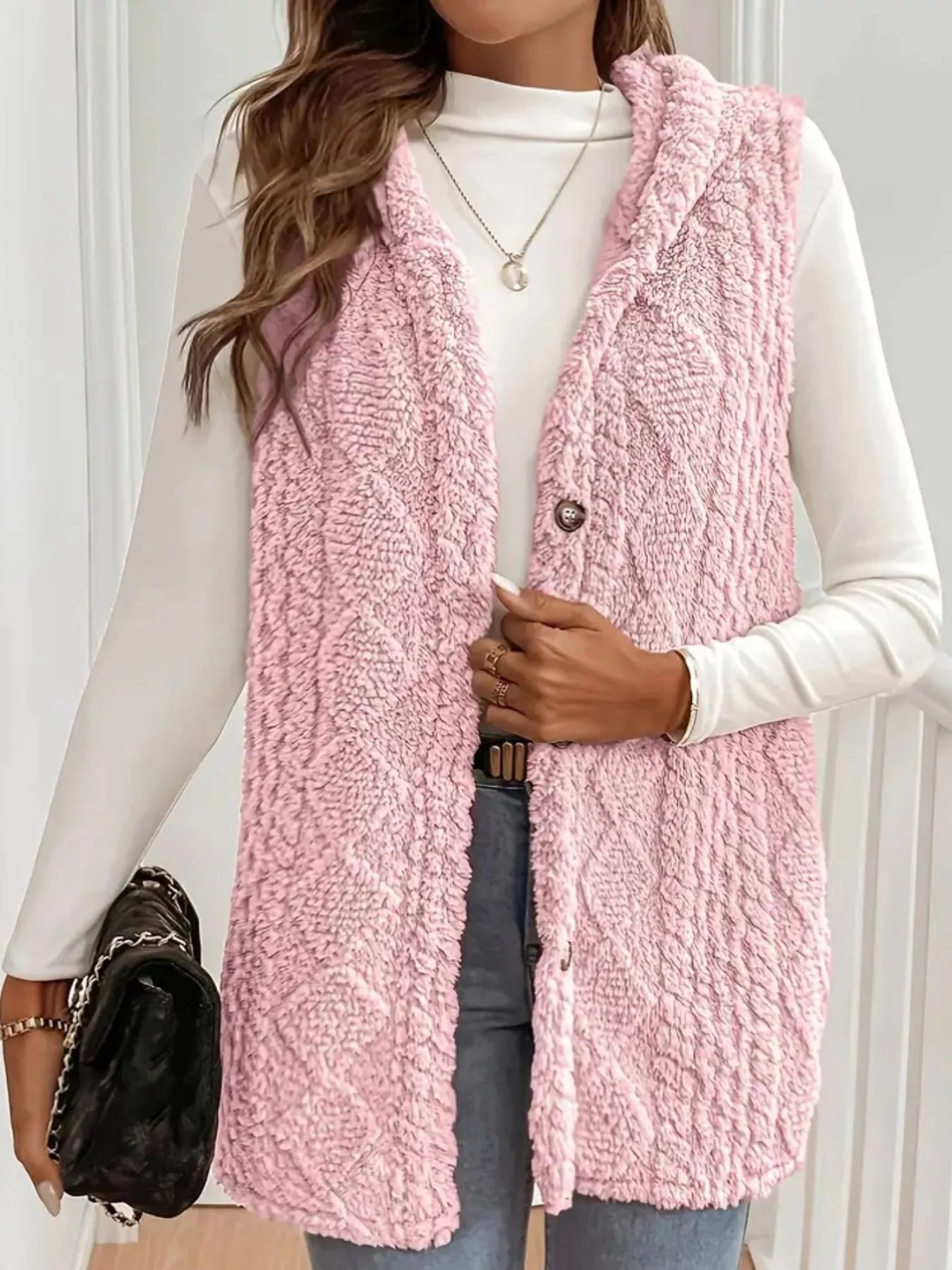 Button-Down Sherpa Hooded Vest Coat