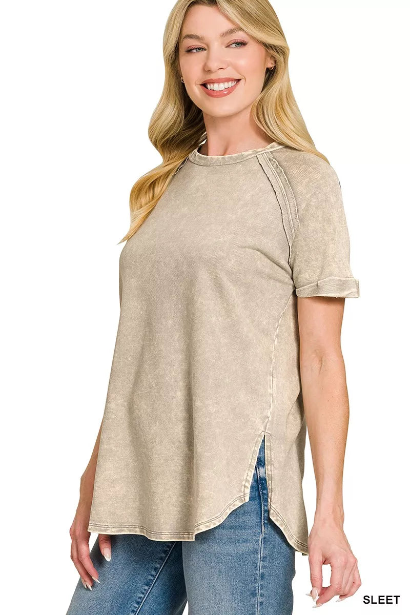Zenana French Terry Washed Curved Hem Top