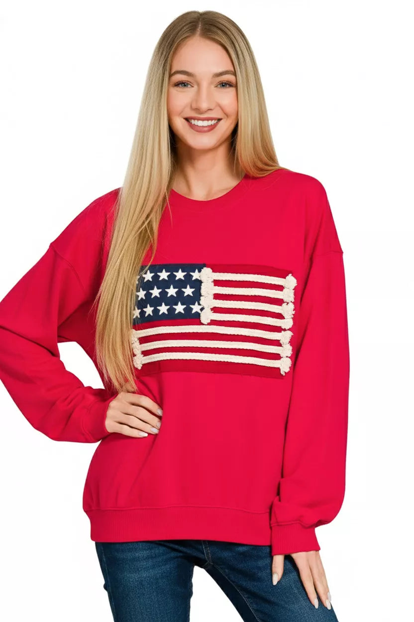Zenana French Terry American Flag Pullover