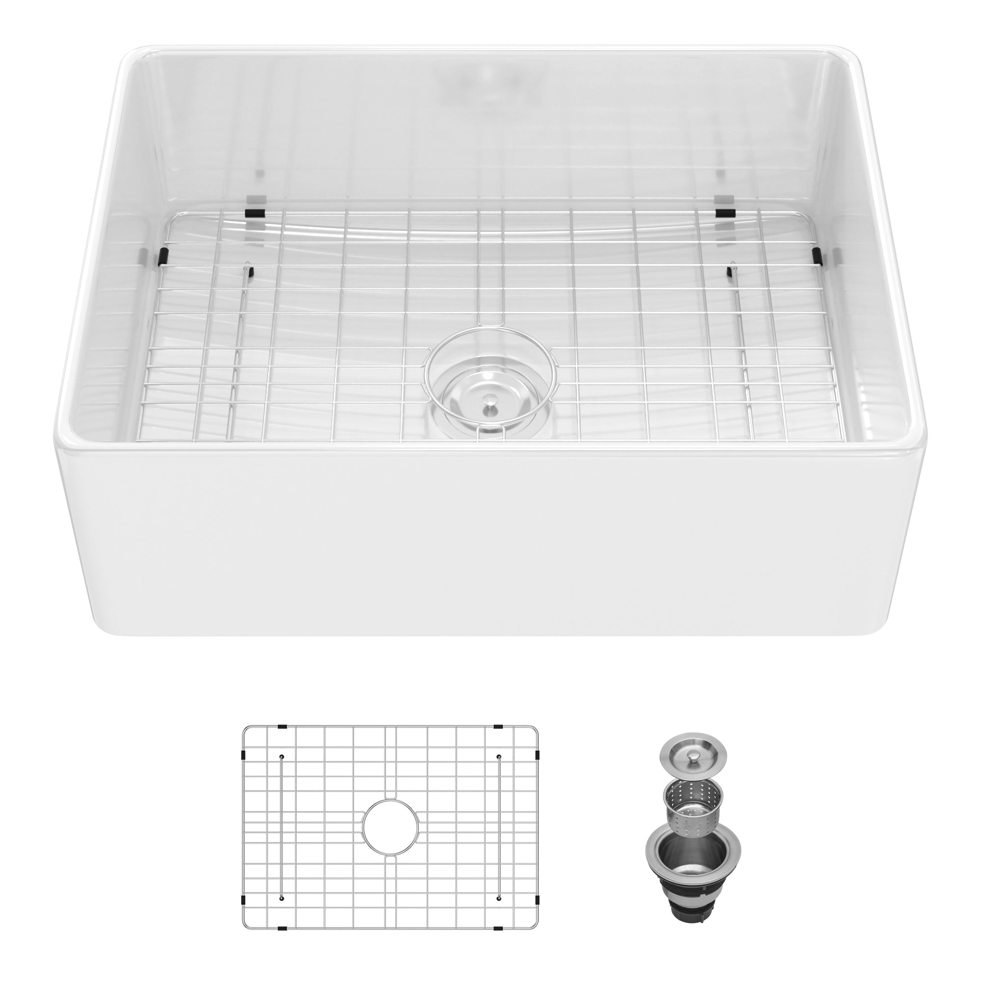 28 Inch White Farmhouse Sink Ceramic Single Bowl with Drain Assembly and Bottom Grid