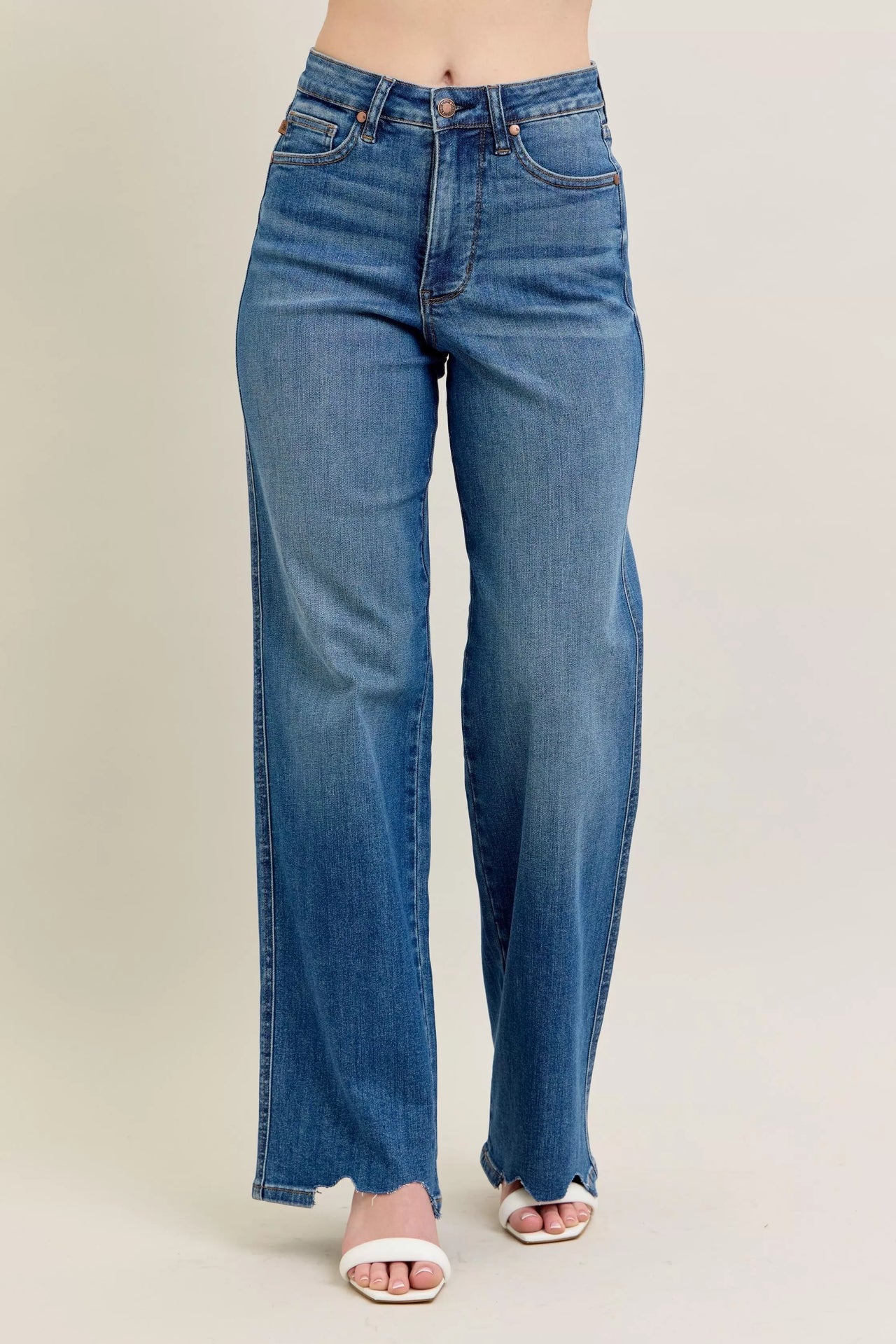 Judy Blue Full Size High Waist Tummy Control Chew Hem Destroyed Wide Jeans Plus Size