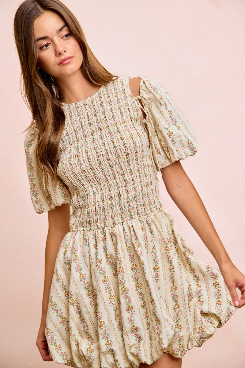 BiBi Floral Bow Tie Attachable Puff Sleeves Dress