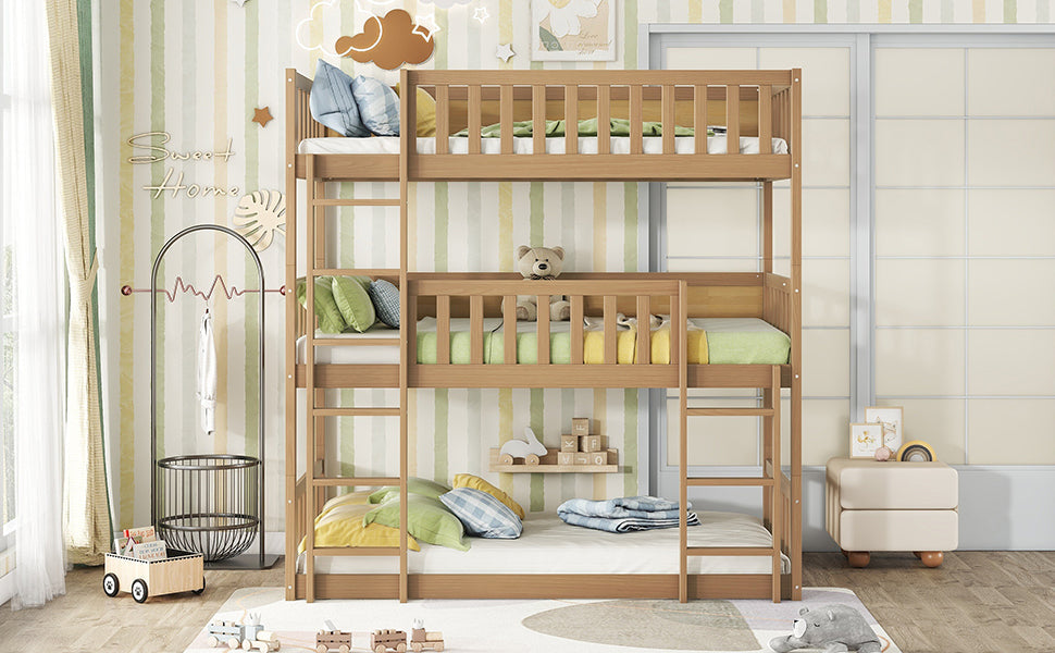 Twin Size Triple Rubber Wood Bunk Bed, with Ladders, Guardrails Detachable Bunk Bed, Twin over Twin over Twin,Natural