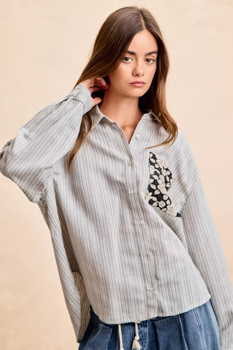 BiBi Flower Jacquard Knit Patch Pocket Stripe Shirt