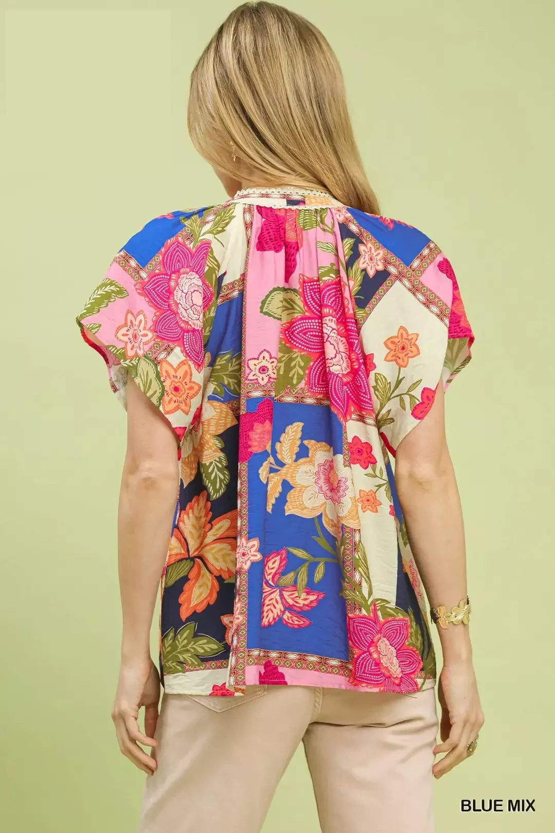 Umgee Mix Floral Patchwork Tassel Tie Top