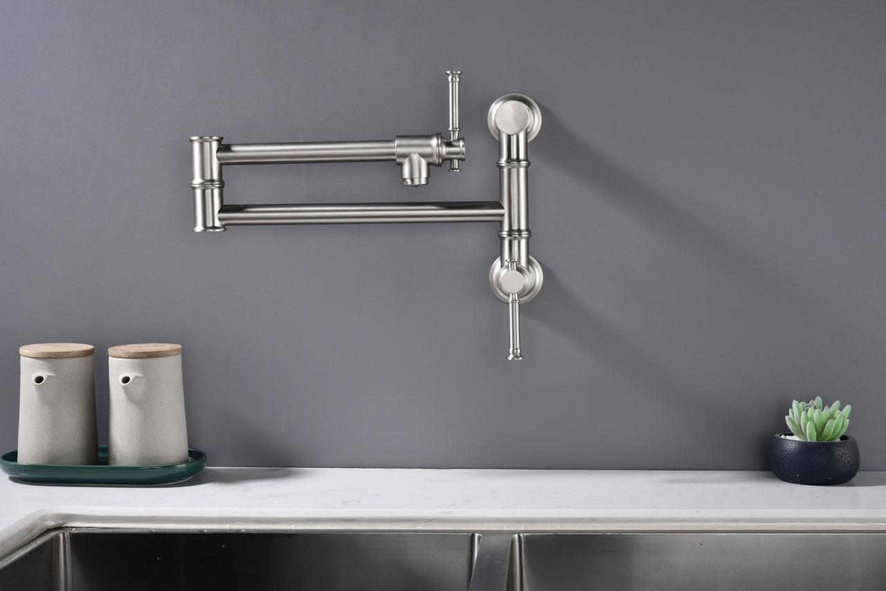 Wall mounted Pot Filler Faucet, Modern Brass Pot Filler Two-Attachment Wall Mount Folding Kitchen Pot Filler Swing Arm