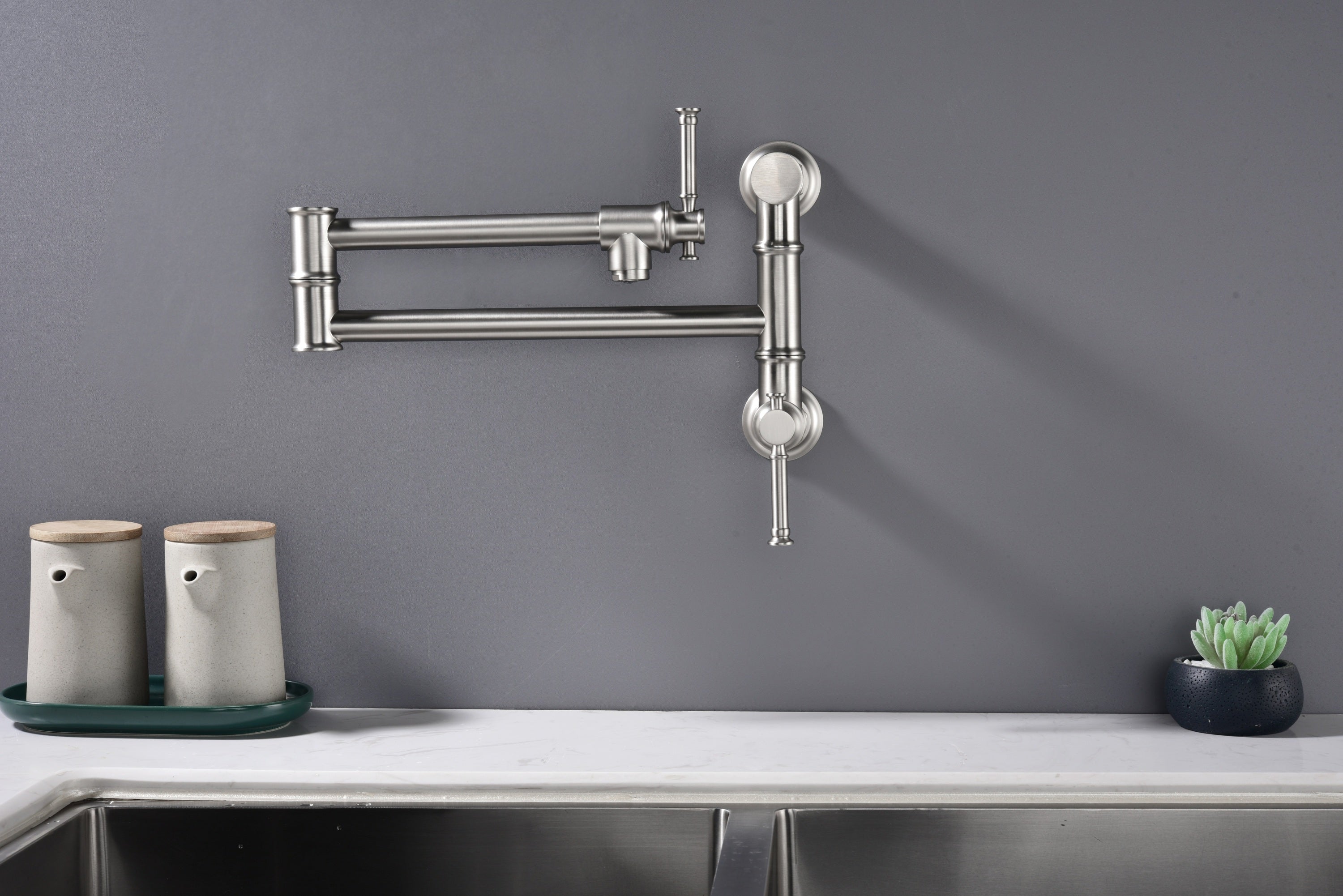 Wall mounted Pot Filler Faucet, Modern Brass Pot Filler Two-Attachment Wall Mount Folding Kitchen Pot Filler Swing Arm