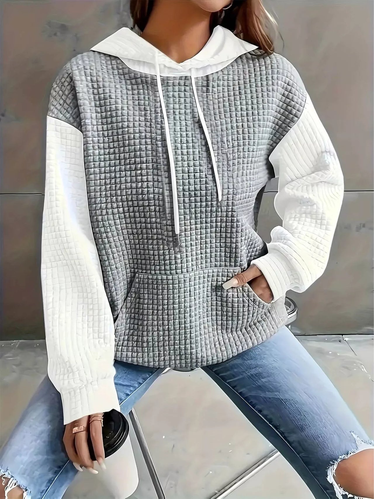 Full Size Textured Kangaroo Pocket Hoodie Plus Size