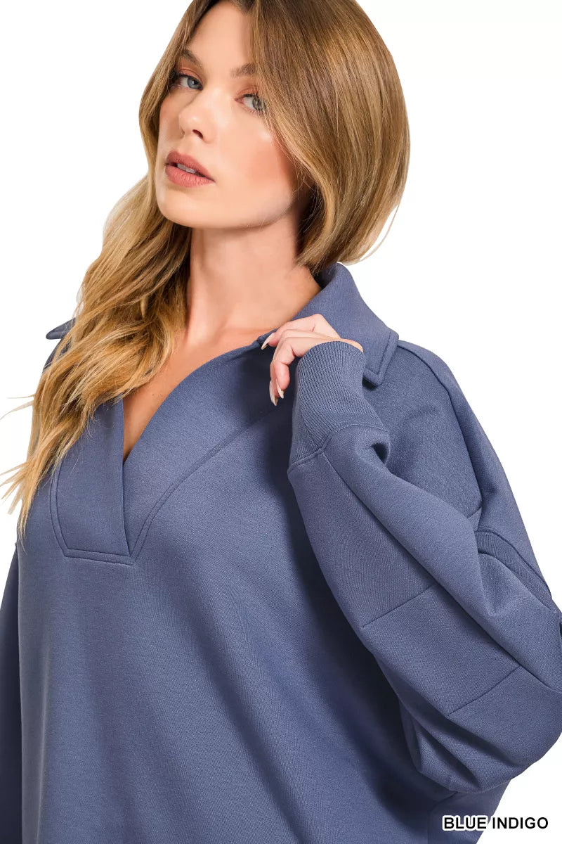 Zenana Scuba Collared Pullover & Center Seam Pants Set