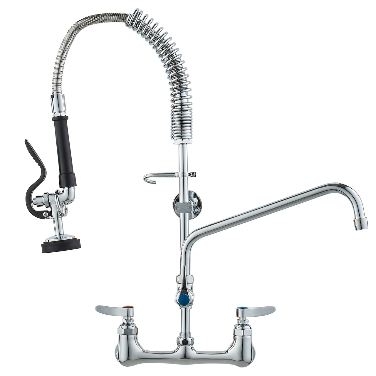 Commercial Faucet with Pre-Rinse Sprayer, 25' Height, 8' Center, 12' Swing Spout, Wall Mount Kitchen Sink Faucet, Brass Constructed Device with Pull Down Spray, for 1/2/3 Compartment Sink