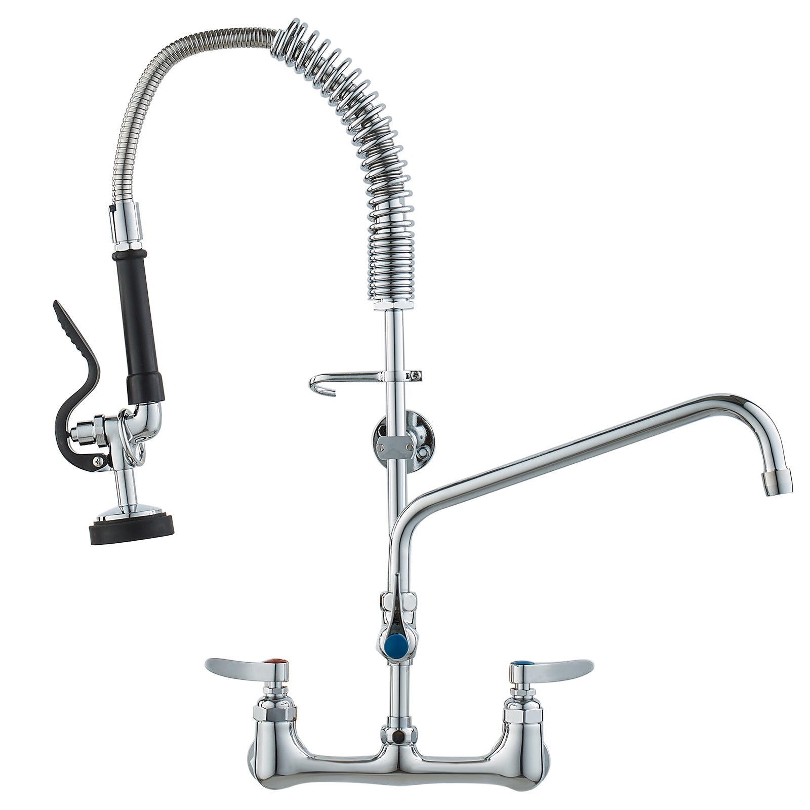 Commercial Faucet with Pre-Rinse Sprayer, 25' Height, 8' Center, 12' Swing Spout, Wall Mount Kitchen Sink Faucet, Brass Constructed Device with Pull Down Spray, for 1/2/3 Compartment Sink
