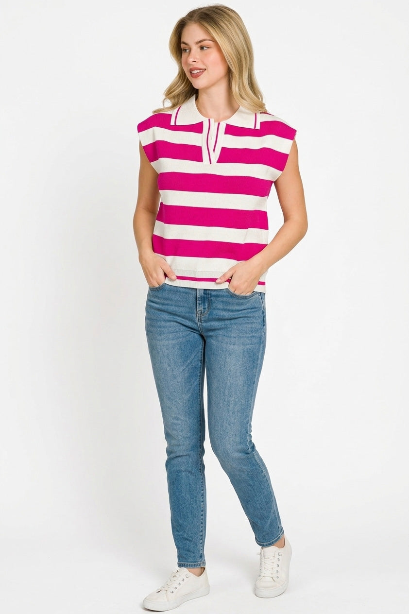Zenana Viscose Striped Collared Sweater Vest