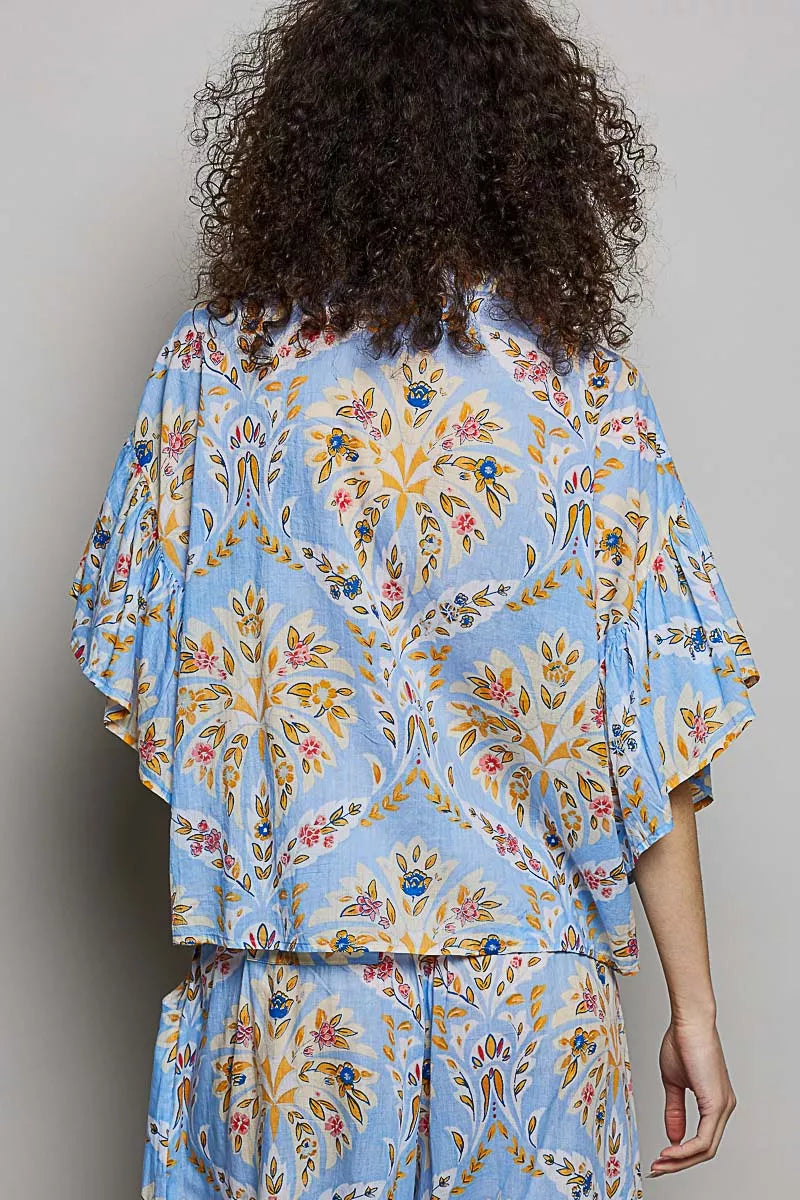POL Floral Printed Woven Ruffle Sleeve Shirt