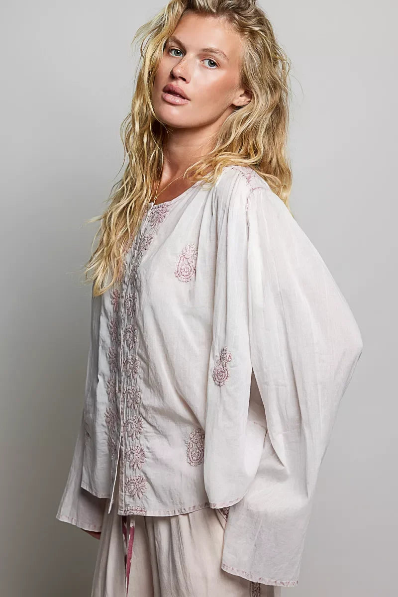 POL Embroidered Gathered Shoulder Long Sleeve Shirt